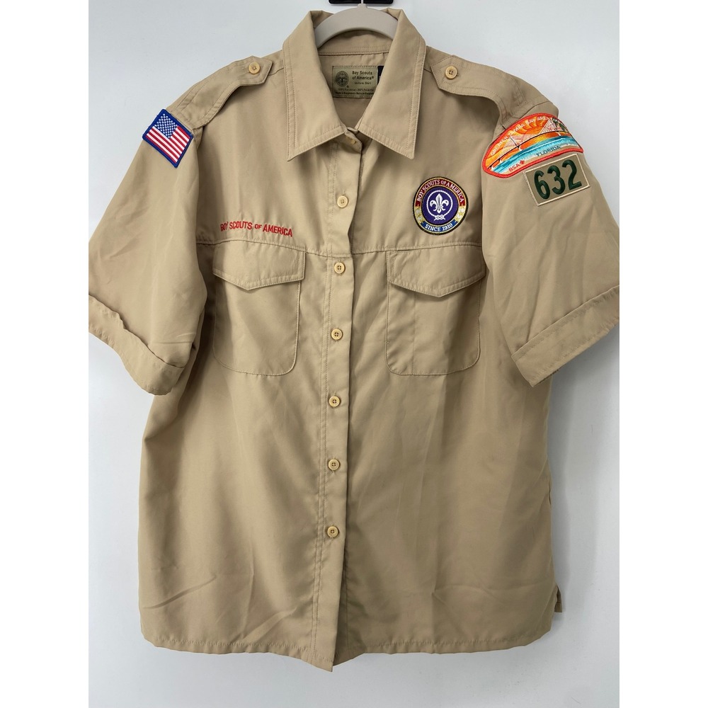 BSA Boy Scouts of America Uniform Shirt Women Large Tan Scouts Vented Sewn Patch